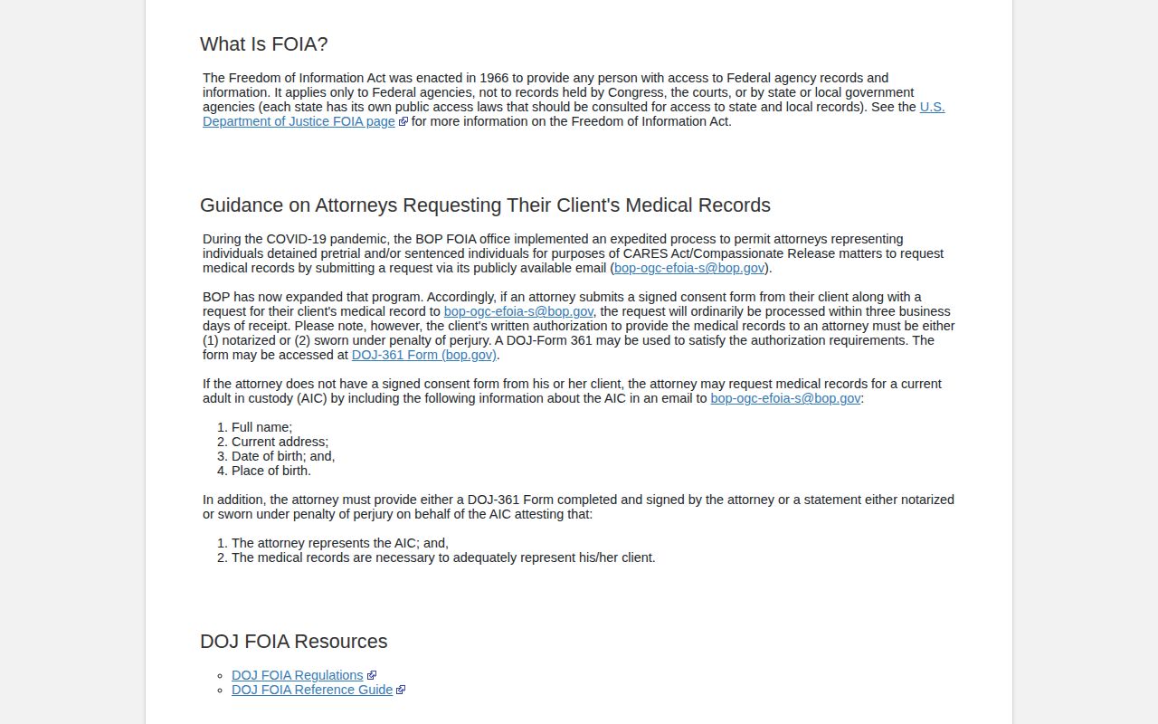 Federal Bureau of Prisons FOIA release record request route