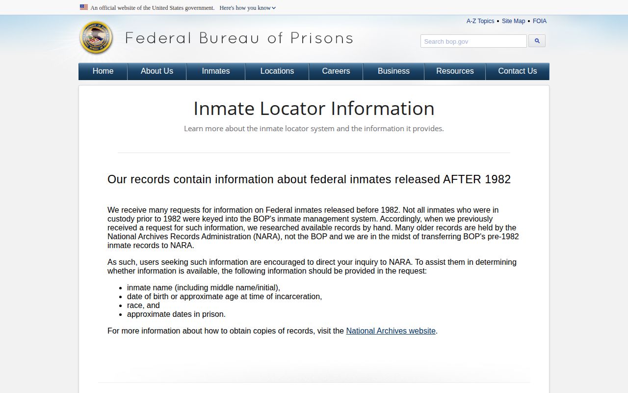 Federal Bureau of Prisons release locator record guidance for Scott County searches