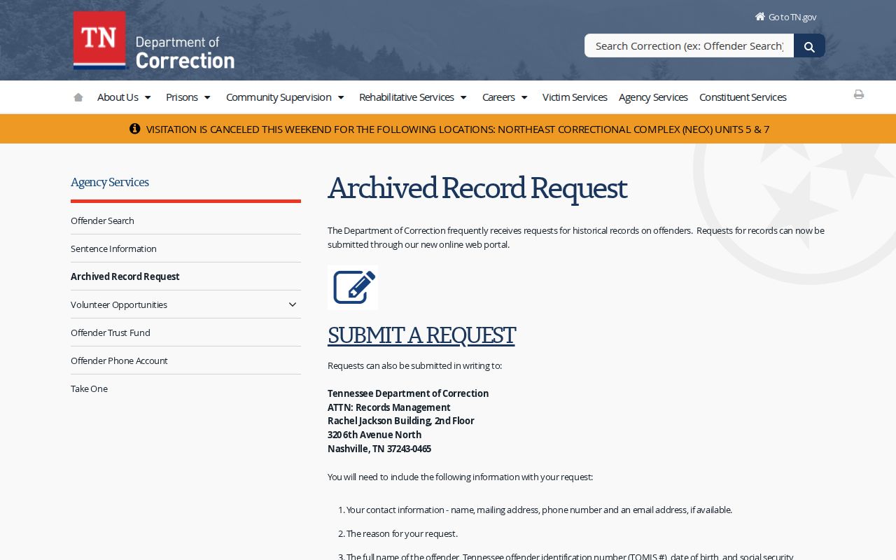 Tennessee Department of Correction archived release record request route